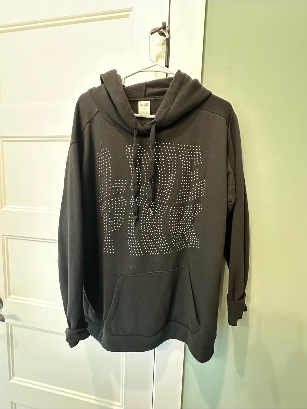 PINK Victoria's Secret Black Hooded Sweatshirt with Studded LOVE Graphic